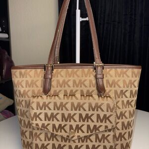 MICHAEL Michael Kors MK Logo Canvas Tote Brown Tan Monogram Shoulder Bag